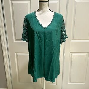 NWT Bloomchic V Neck Floral Crochet Blouse Top Short Sleeve Green 14-16